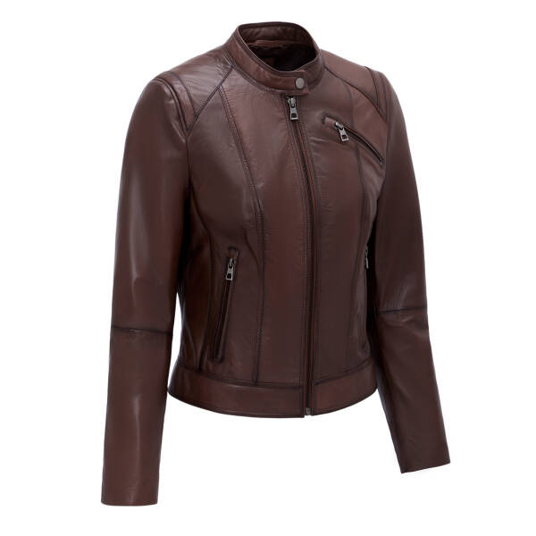 Kahverengi Deri Kadın Deri Biker Mont - K25GRJ320480-202 - 2
