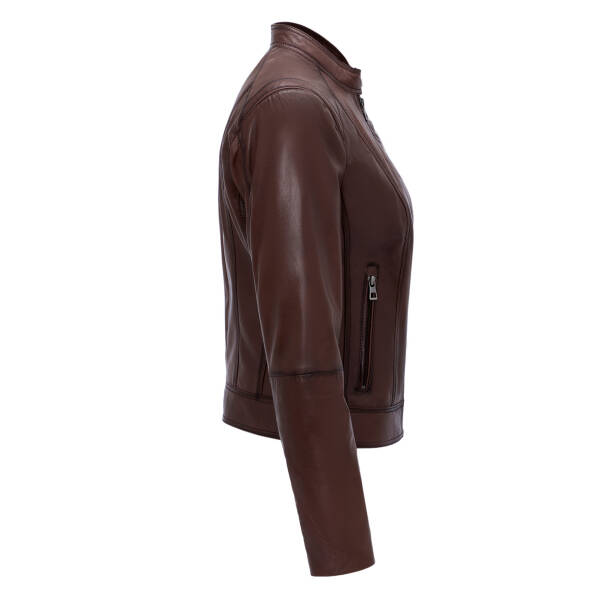 Kahverengi Deri Kadın Deri Biker Mont - K25GRJ320480-202 - Tergan