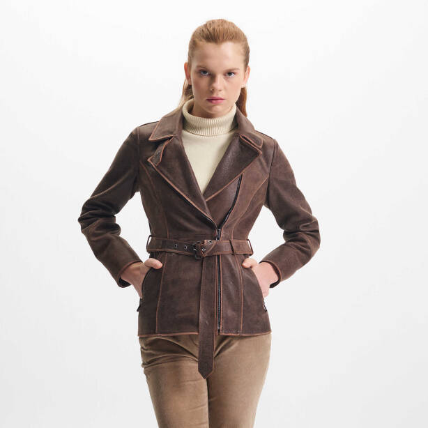 Kahverengi Deri Kadın Deri Ceket - K24KDM320459-Q3I - Tergan