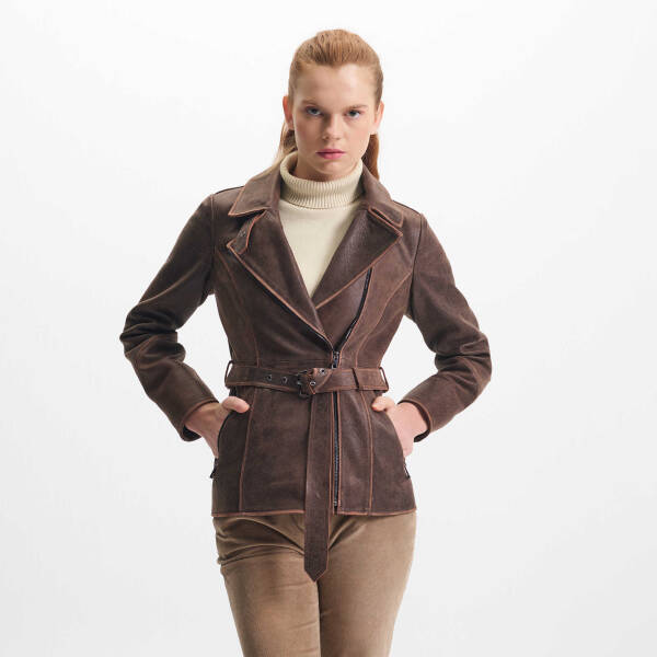 Kahverengi Deri Kadın Deri Ceket - K24KDM320459-Q3I - 1