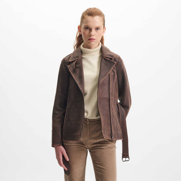 Kahverengi Deri Kadın Deri Ceket - K24KDM320459-Q3I - 2