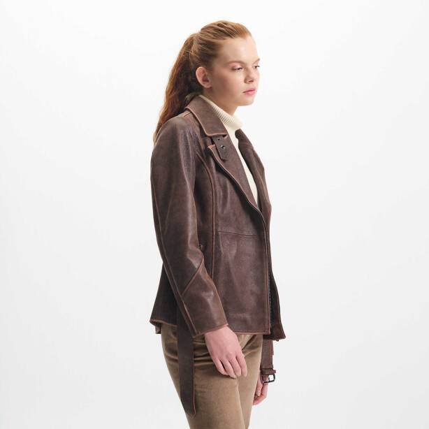 Kahverengi Deri Kadın Deri Ceket - K24KDM320459-Q3I - Tergan