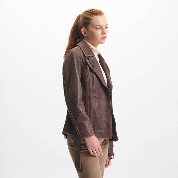 Kahverengi Deri Kadın Deri Ceket - K24KDM320459-Q3I - 3