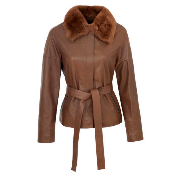 Kahverengi Deri Kadın Kürk Mont - K23KDM320371-T1K - Tergan