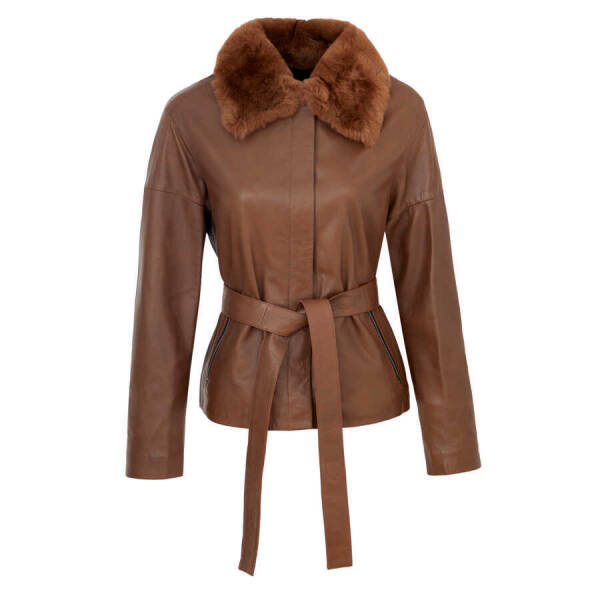 Kahverengi Deri Kadın Kürk Mont - K23KDM320371-T1K - 1