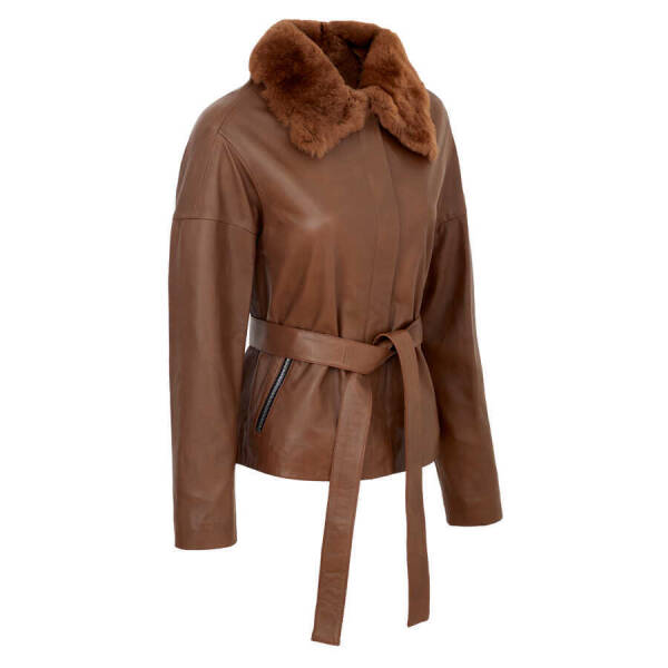 Kahverengi Deri Kadın Kürk Mont - K23KDM320371-T1K - 2