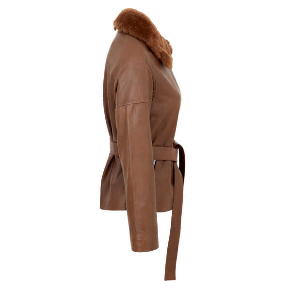 Kahverengi Deri Kadın Kürk Mont - K23KDM320371-T1K - 3