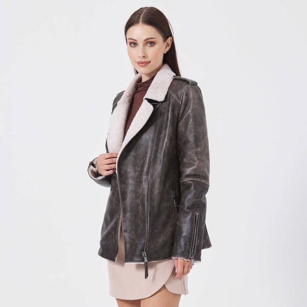 Kahverengi Deri Kadın Kürk Mont - K23KKM320388-U1I - 2