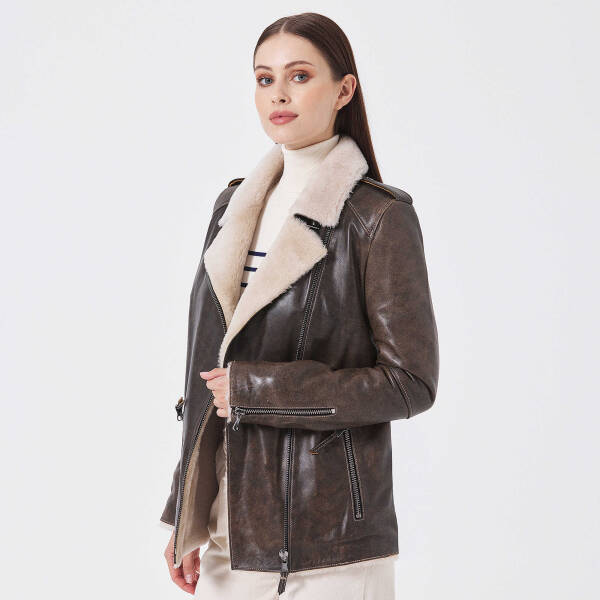 Kahverengi Deri Kadın Kürk Mont - K23KKM320388-U1I - 3