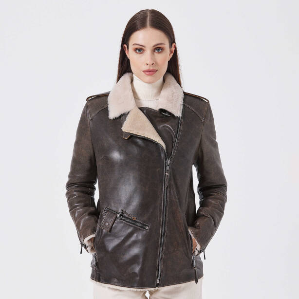 Kahverengi Deri Kadın Kürk Mont - K23KKM320388-U1I - 5