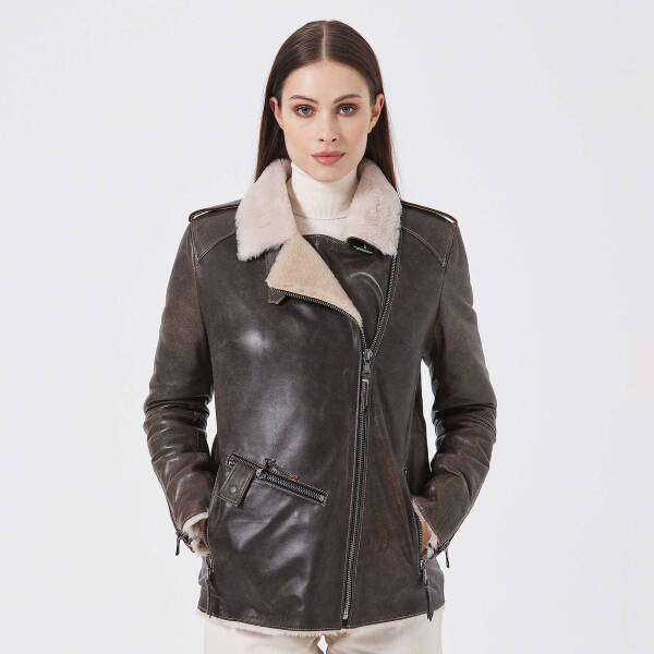 Kahverengi Deri Kadın Kürk Mont - K23KKM320388-U1I - 5