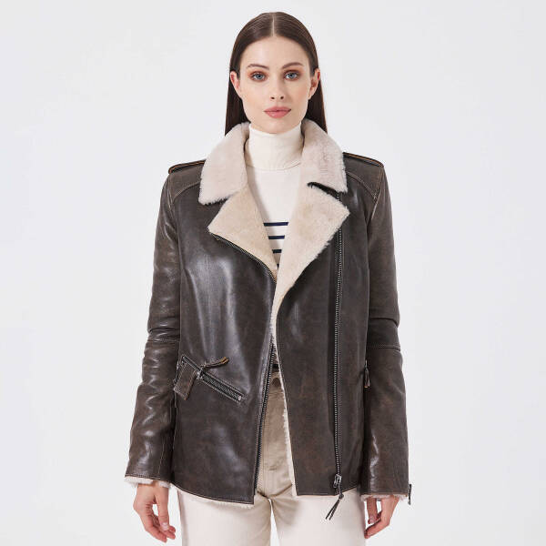 Kahverengi Deri Kadın Kürk Mont - K23KKM320388-U1I - 1