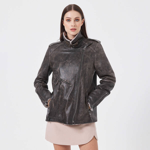 Kahverengi Deri Kadın Kürk Mont - K23KKM320388-U1I - 4