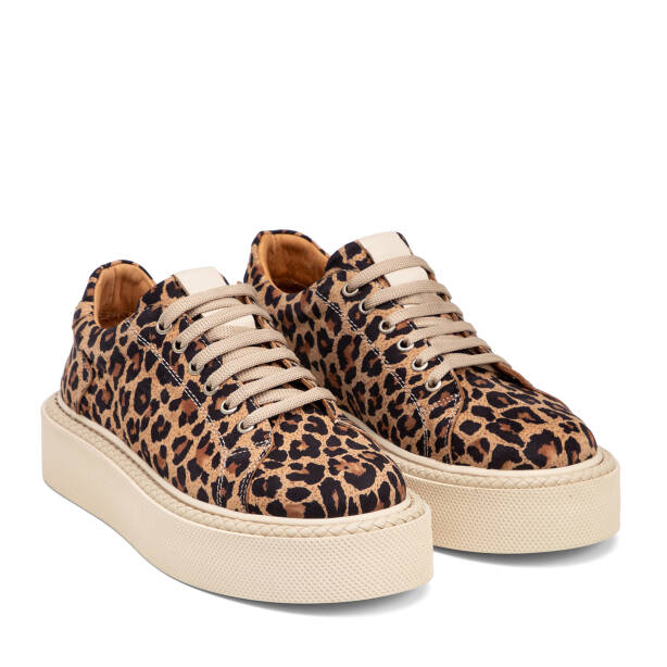 Kahverengi Leopar Desenli Hakiki Deri Kadın Sneaker - K25I1AY67877-U5S - 2
