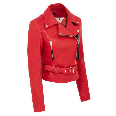 Kırmızı Deri Kadın Deri Biker Mont - K22BDM320293-Q3S - 2