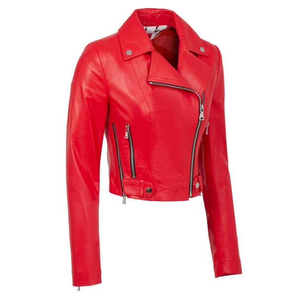 Kırmızı Hakiki Deri Kadın Deri Biker Mont - K24IDM320435-Q3S - 2