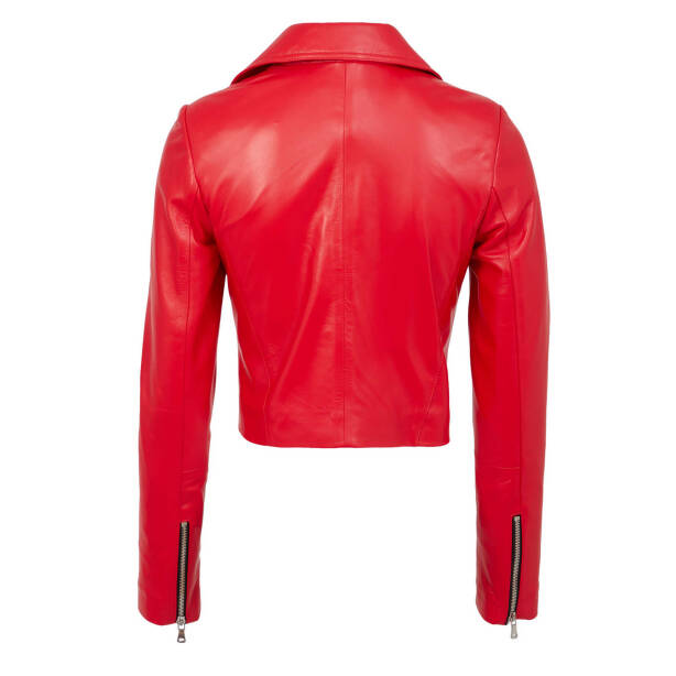 Kırmızı Hakiki Deri Kadın Deri Biker Mont - K24IDM320435-Q3S - 4
