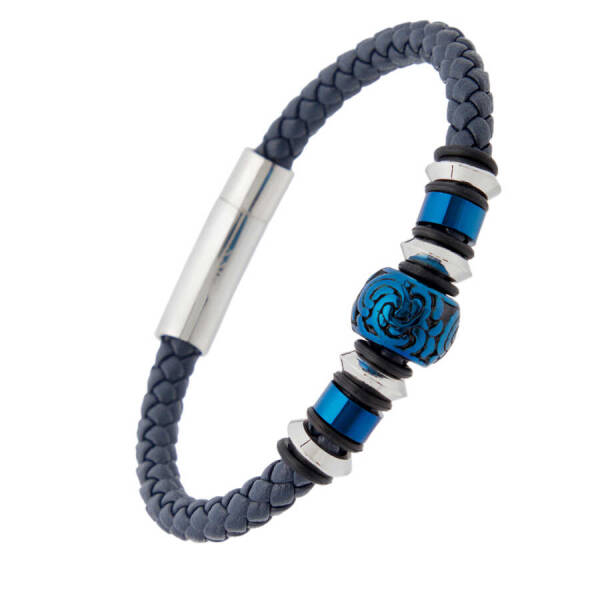 Lacivert Deri - Çelik Erkek Bileklik - E1BLK0410332-B20 - 2