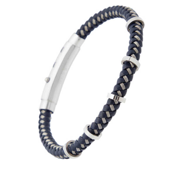 Lacivert Deri - Çelik Erkek Bileklik - E1BLK0410339-B20 - 2