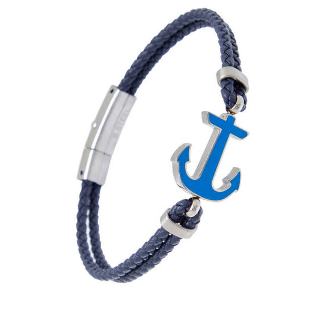 Lacivert Deri - Çelik Erkek Bileklik - E1BLK0410415-B20 - 2