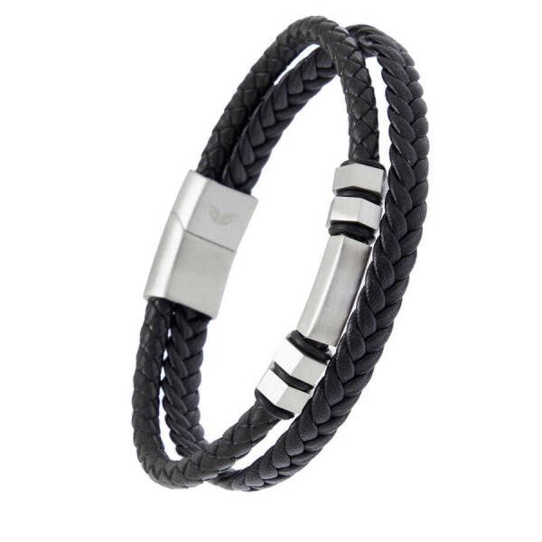 Platin Deri - Çelik Erkek Bileklik - E1BLK0410424-S0X - 2