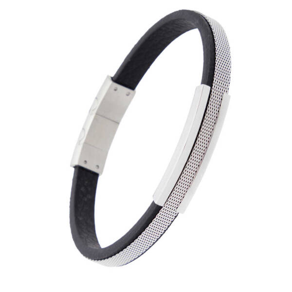 Siyah Deri - Çelik Erkek Bileklik - E1BLK0410315-M3M - 2