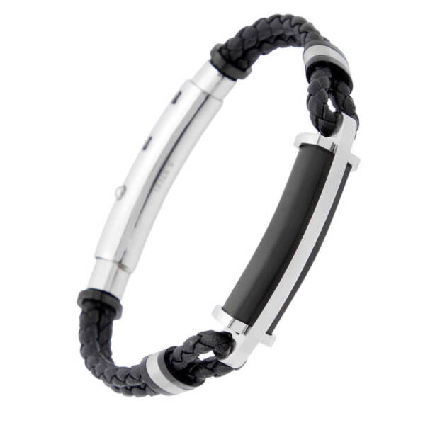 Siyah Deri - Çelik Erkek Bileklik - E1BLK0410322-D62 - 2