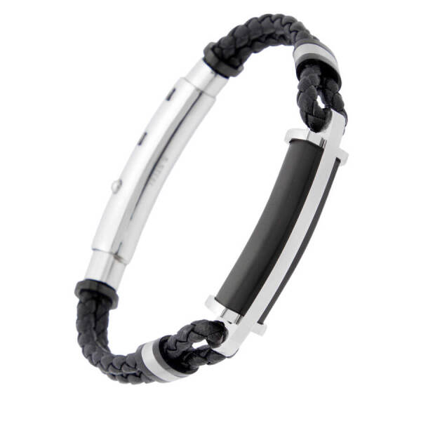 Siyah Deri - Çelik Erkek Bileklik - E1BLK0410322-D62 - 2