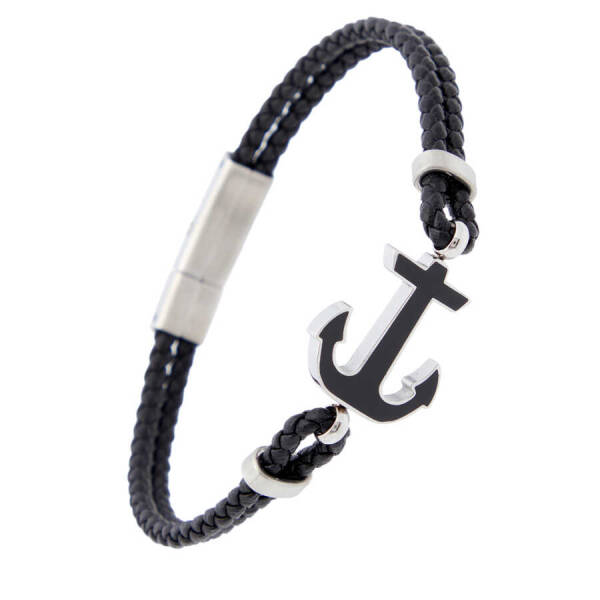 Siyah Deri - Çelik Erkek Bileklik - E1BLK0410323-D62 - 2