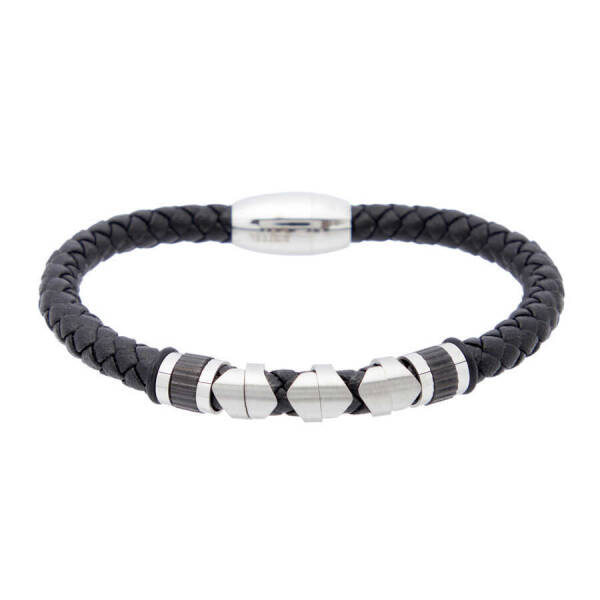 Siyah Deri - Çelik Erkek Bileklik - E1BLK0410327-U0P - 1