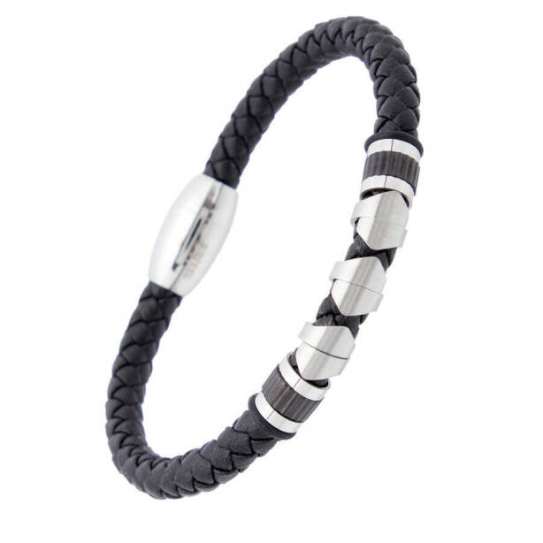 Siyah Deri - Çelik Erkek Bileklik - E1BLK0410327-U0P - 2