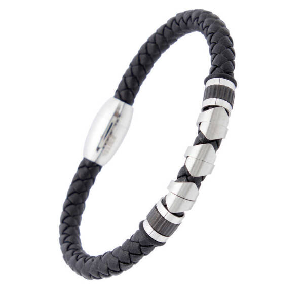 Siyah Deri - Çelik Erkek Bileklik - E1BLK0410327-U0P - 2