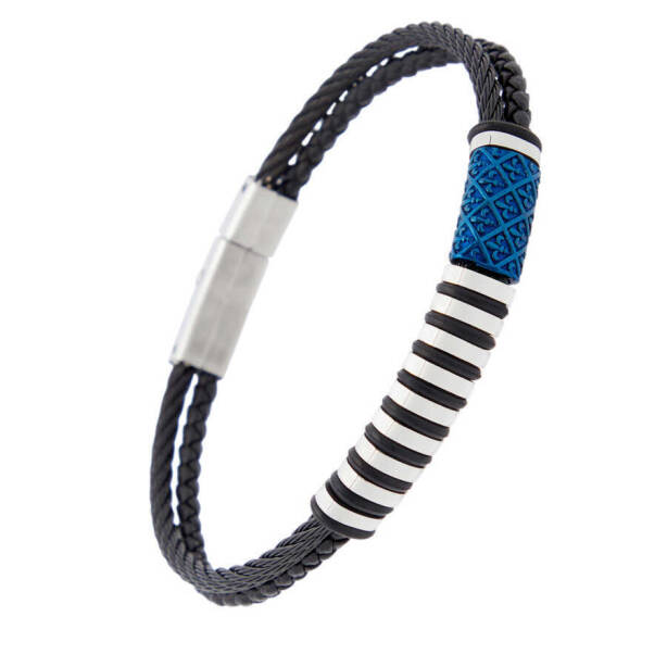 Siyah Deri - Çelik Erkek Bileklik - E1BLK0410328-U0P - 2