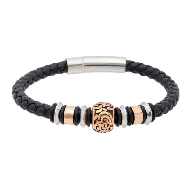 Siyah Deri - Çelik Erkek Bileklik - E1BLK0410332-D62 