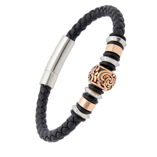 Siyah Deri - Çelik Erkek Bileklik - E1BLK0410332-D62 - 2