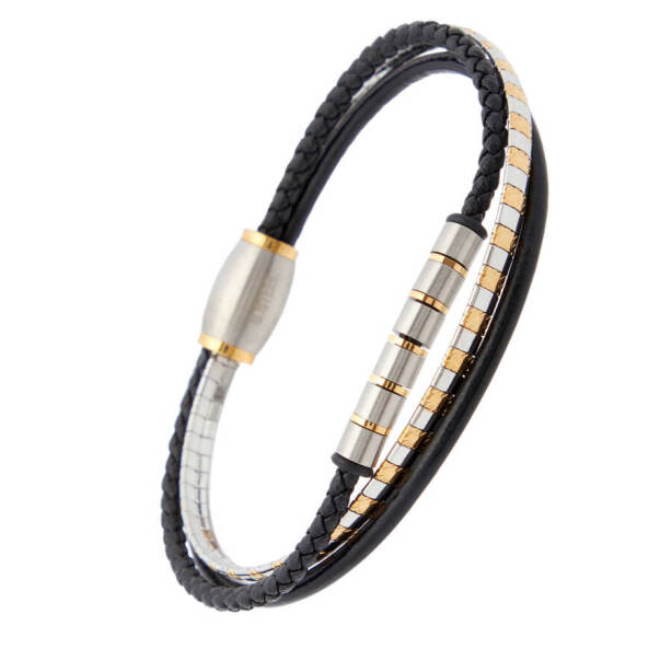 Siyah Deri - Çelik Erkek Bileklik - E1BLK0410333-U0P - 2