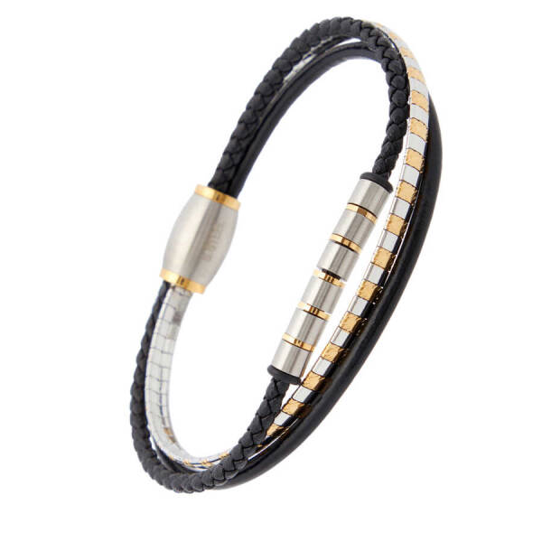 Siyah Deri - Çelik Erkek Bileklik - E1BLK0410333-U0P - 2