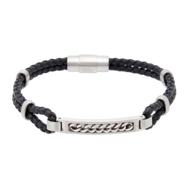 Siyah Deri - Çelik Erkek Bileklik - E1BLK0410338-D62 - 1