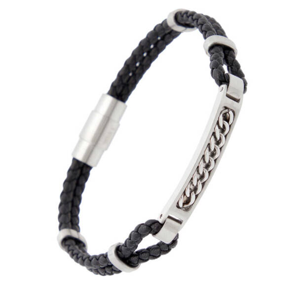 Siyah Deri - Çelik Erkek Bileklik - E1BLK0410338-D62 - 2