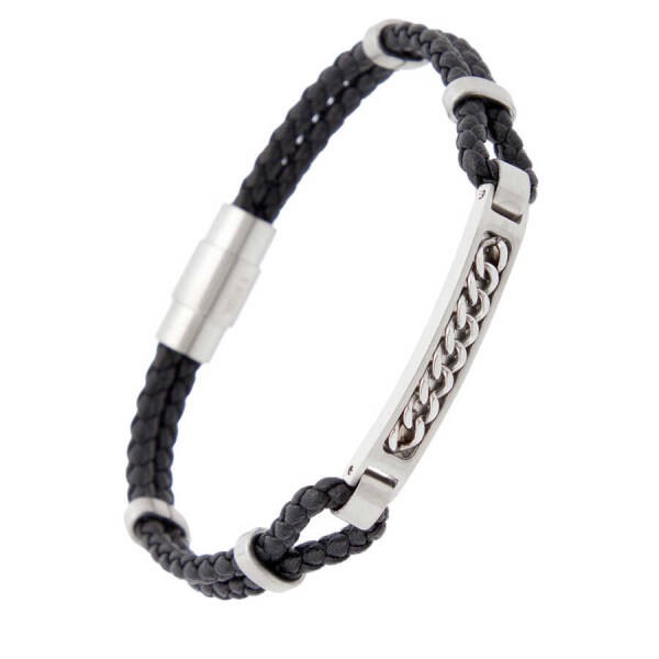 Siyah Deri - Çelik Erkek Bileklik - E1BLK0410338-D62 - 2