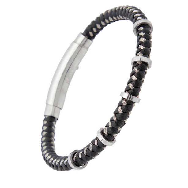 Siyah Deri - Çelik Erkek Bileklik - E1BLK0410339-D62 - 2