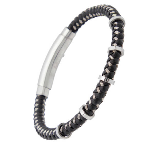 Siyah Deri - Çelik Erkek Bileklik - E1BLK0410339-D62 - 2