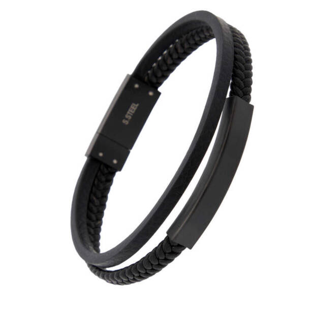 Siyah Deri - Çelik Erkek Bileklik - E1BLK0410340-P1Q - 2