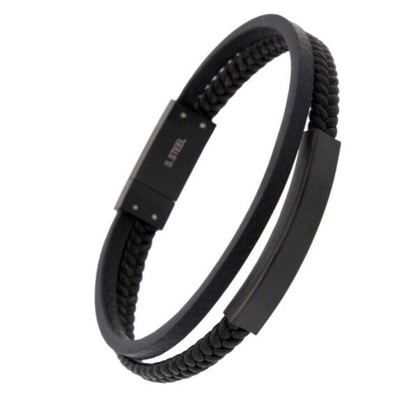 Siyah Deri - Çelik Erkek Bileklik - E1BLK0410340-P1Q - 2