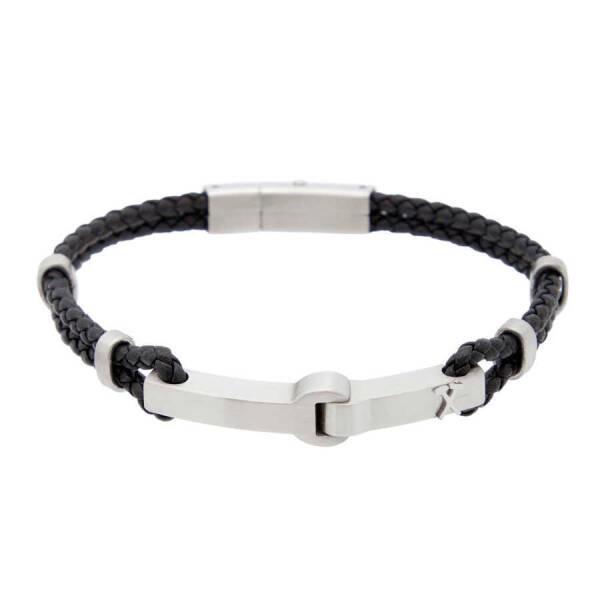 Siyah Deri - Çelik Erkek Bileklik - E1BLK0410342-U0P - 1