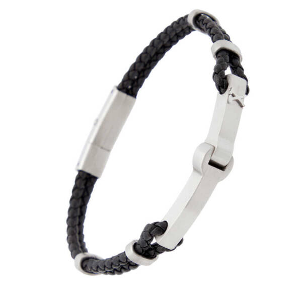 Siyah Deri - Çelik Erkek Bileklik - E1BLK0410342-U0P - 2