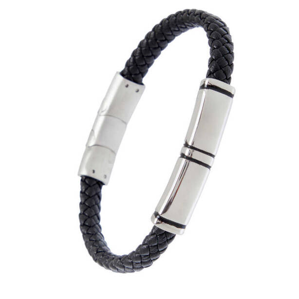 Siyah Deri - Çelik Erkek Bileklik - E1BLK0410413-U0P - 2