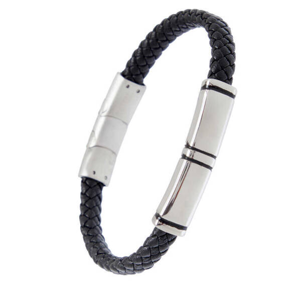 Siyah Deri - Çelik Erkek Bileklik - E1BLK0410413-U0P - 2