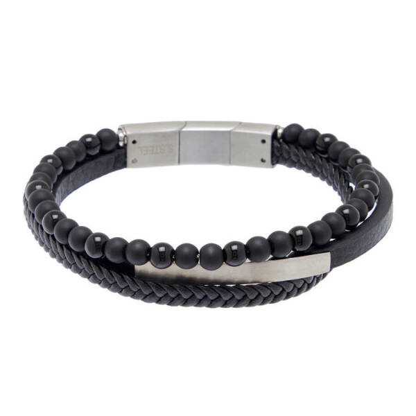 Siyah Deri - Çelik Erkek Bileklik - E1BLK0410414-D62 - 1