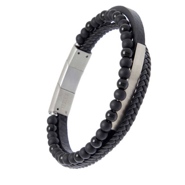 Siyah Deri - Çelik Erkek Bileklik - E1BLK0410414-D62 - 2
